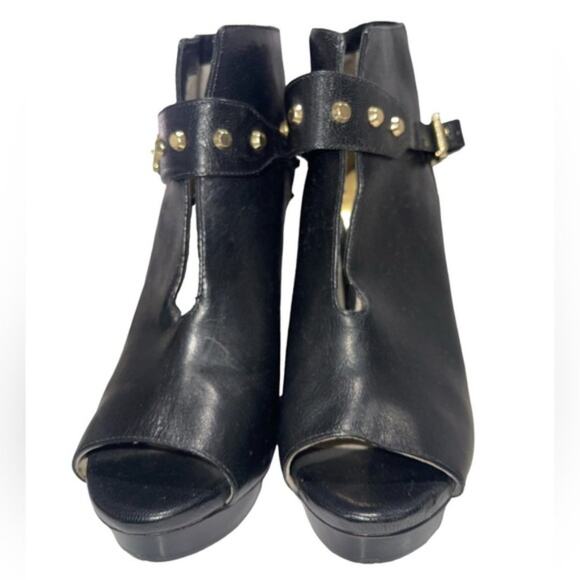 MICHAEL KORS Women's Black Leather Ailee Gold Studded Peeptoe Booties Sz 9.5 - Picture 4 of 10